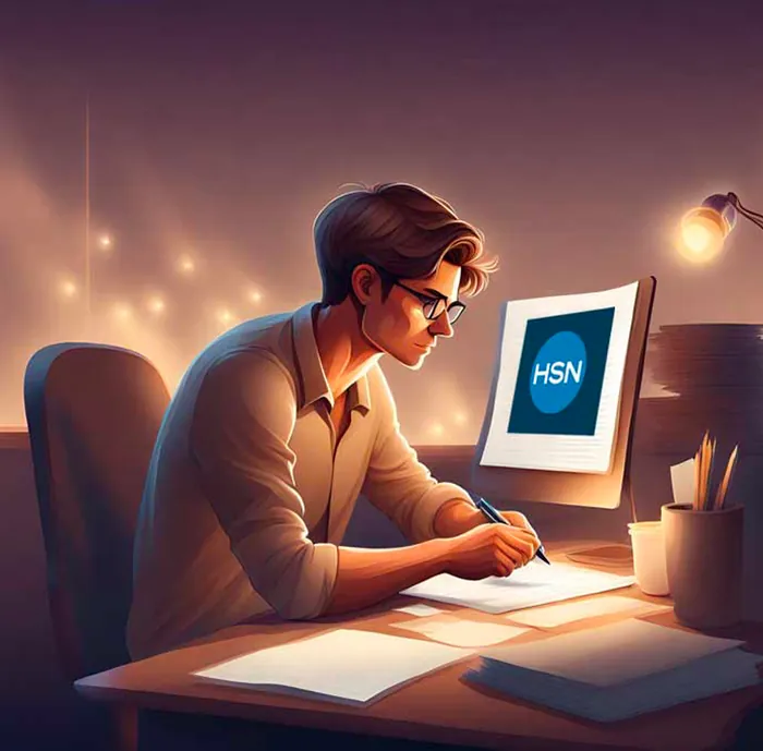 Illustration of a copywriter at a desk with an HSN logo on screen